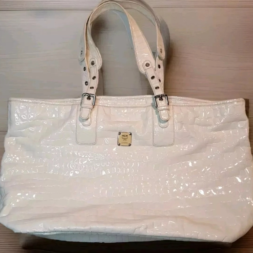 MCM white croc print XL Tote W/ Mini Pouch